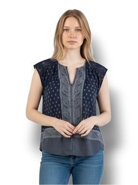 Lucky Brand Women’s Blouse Short Sleeve Split Neck Boho Lightweight Gypsy Navy M